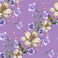 Bouquet Field Flowers of Watercolor. Handiwork Seamless Pattern on a Violet Background.