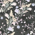 Bouquet field flowers of watercolor. Monochrome floral seamless pattern on a black background.