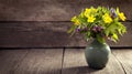 Bouquet of field wild flowers in a vase on old boards Royalty Free Stock Photo