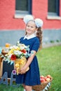 bouquet for first beloved teacher on first of September. Flowers for the last bell. day of knowledge. beginning of the school year Royalty Free Stock Photo