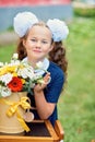 bouquet for first beloved teacher on first of September. Flowers for the last bell. day of knowledge. beginning of the school year Royalty Free Stock Photo