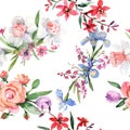 Bouquet floral botanical flowers. Watercolor background illustration set. Seamless background pattern. Royalty Free Stock Photo
