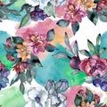 Bouquet floral flower. Watercolor illustration. Watercolour seamless background pattern. Fabric wallpaper print texture.