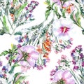 Watercolor bouquet different field flowers. Floral seamless pattern on a white background.