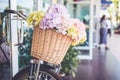 Bouquet of flower in bucket on front of vintage bicycle. Garden Royalty Free Stock Photo