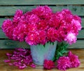 Peonies bouquet bucket table