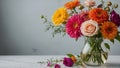 in glass vase rose and asters flowers are pink, yellow, orange, purple Royalty Free Stock Photo