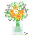 Bouquet of flowers in a bank isolated. Vector beautiful wildflowers in glass vase illustration for design. Royalty Free Stock Photo