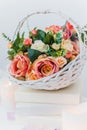 Bouquet of flowers in a basket, Wedding decoration, hand made. Royalty Free Stock Photo