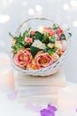 Bouquet of flowers in a basket, Wedding decoration, hand made Royalty Free Stock Photo