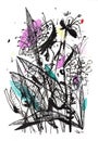 Black and white drawing of a bouquet with some color accents. Suitable for a poster, t-shirt print, postcard, poster, packaging de