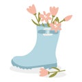 A bouquet of flowers in a blue rubber boot. Cute spring flat hand-drawn vector illustration in cartoon style, isolated Royalty Free Stock Photo