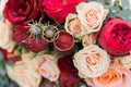 Bouquet of flowers. The bride& x27;s bouquet. Bridal bouquet. Floristics. Wedding rings Royalty Free Stock Photo