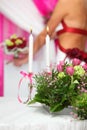 Bouquet of flowers and candles are on table Royalty Free Stock Photo