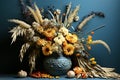 Bouquet of flowers in a ceramic vase in autumn composition on blue concrete background. Generative AI