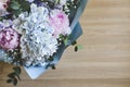 Bouquet of flowers close-up. Peonies, hydrangea.