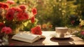 Bouquet of flowers, croissant, cup of tea or coffee, books on table in autumn garden. Rest in garden, reading books, breakfast, Royalty Free Stock Photo