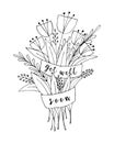 Bouquet of flowers doodle with the inscription Get Well Soon, greeting card, wish of health. Hand-drawing, contour
