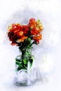 Bouquet flowers in glass vase with indoor grey wall background  with artistic technical effect - water color painting Royalty Free Stock Photo