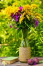 A bouquet of flowers of goldenrod, phlox chrysanthemums in a glass vase, ripe plums and old book Royalty Free Stock Photo