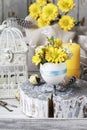 Bouquet of flowers in goose egg shell, easter table decoration Royalty Free Stock Photo