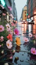 Bouquet of flowers is on the ground in a puddle Royalty Free Stock Photo