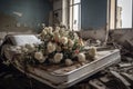 Bouquet of flowers on hospital bed, bombed city. Generate Ai