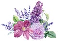 Bouquet of flowers on isolated white background, watercolor illustration, clematis, rose, lavender and lilac Royalty Free Stock Photo