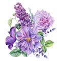 Bouquet of flowers on isolated white background, watercolor illustration, clematis, rose, lavender and lilac Royalty Free Stock Photo