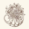 Bouquet of flowers in kettle. Vector stock.