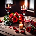 Bouquet of flowers lying on the table, selective focus on bunch of roses Royalty Free Stock Photo