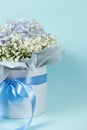 Bouquet of flowers made of hydrangeas and gypsophila in a white box with a bow Royalty Free Stock Photo