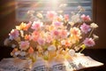 Bouquet of flowers with musical notes sheet with sunlit Royalty Free Stock Photo