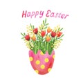 Watercolor Easter greeting card with bouquet of flowers in a pink cracked egg. Royalty Free Stock Photo