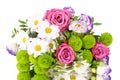 Bouquet of flowers pink roses, white chrysanthemums with green leaves on white background isolated close up Royalty Free Stock Photo
