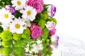 Bouquet of flowers pink roses, white chrysanthemums with green leaves on white background isolated close up Royalty Free Stock Photo