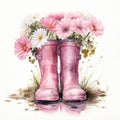 Bouquet of flowers in pink rubber boots. Watercolor illustration.