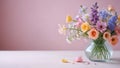 bouquet of flowers placed in clear glass vase against soft pink background, some flower petals scattered on white Royalty Free Stock Photo