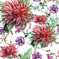 Bouquet flowers, red dahlia, ipomoea, watercolor, pattern seamless Royalty Free Stock Photo