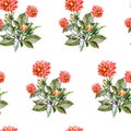 Bouquet flowers, red dahlia, watercolor, pattern seamless Royalty Free Stock Photo