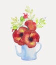 Bouquet of flowers of red poppies in a blue teapot, watercolor illustration Royalty Free Stock Photo