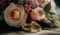 a bouquet of flowers, roses, and two gold wedding rings Royalty Free Stock Photo