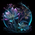 Bouquet of flowers. Shining magical neon flowers isolated on a black background