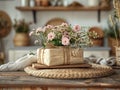 A bouquet of flowers sits on a wooden box Royalty Free Stock Photo