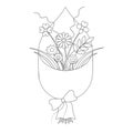 Bouquet of flowers. Sketch. Gift wrapping with different colors is tied with a bow. Vector illustration. Coloring book.