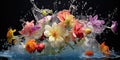 Bouquet of flowers in splashes of colorful water -, concept of Splashing colors