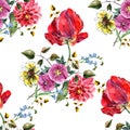 Bouquet flowers with tulip watercolor seamless pattern Royalty Free Stock Photo