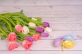 Bouquet of flowers. Tulips close-up. Various colors. Easter eggs, Postcard, Spring and Easter greetings