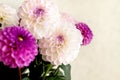 bouquet of flowers in a vase. Beautiful white and purple dahlia flower bouquet