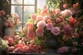Bouquet of flowers in a vase, floristics, flowers and floweret, illustration. Generative AI